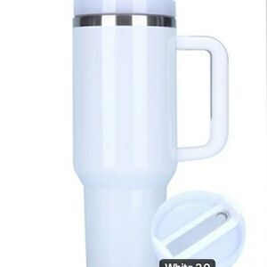 White Insulated Travel Mug with Handle and Straw 40 oz